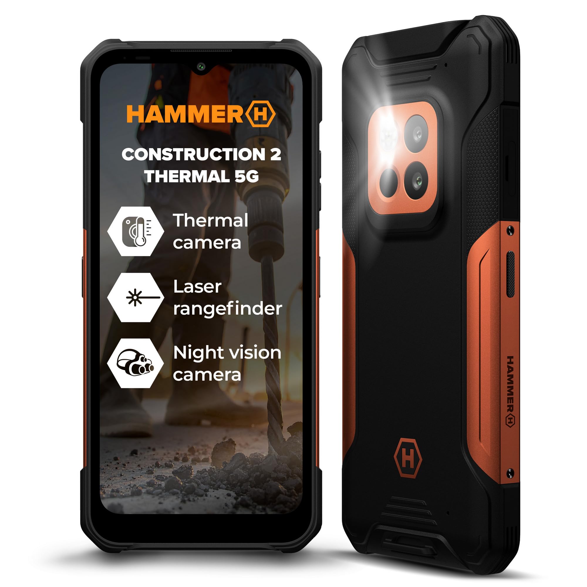 Hammer Construction 2 Thermal Smartphone Ultra-Robuste IP69 avec thermomètre et télémètre Laser, 8+8GB RAM, Android 14, 108mpx caméra Forte, Batterie 6500mAh avec Fonction powerbank, 256GB/1TB, NFC