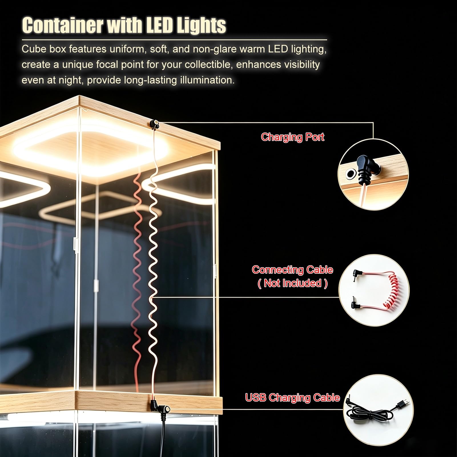Teca Plexiglass Extra Lungo, LED a Luce Calda, Teca in Acrilico, Involucro | Vetrina con Base e Coperchio in Legno, Ampia Capacità di Stoccaggio, Organizer Personalizzabile(60x20xH20cm/24x8x8in)