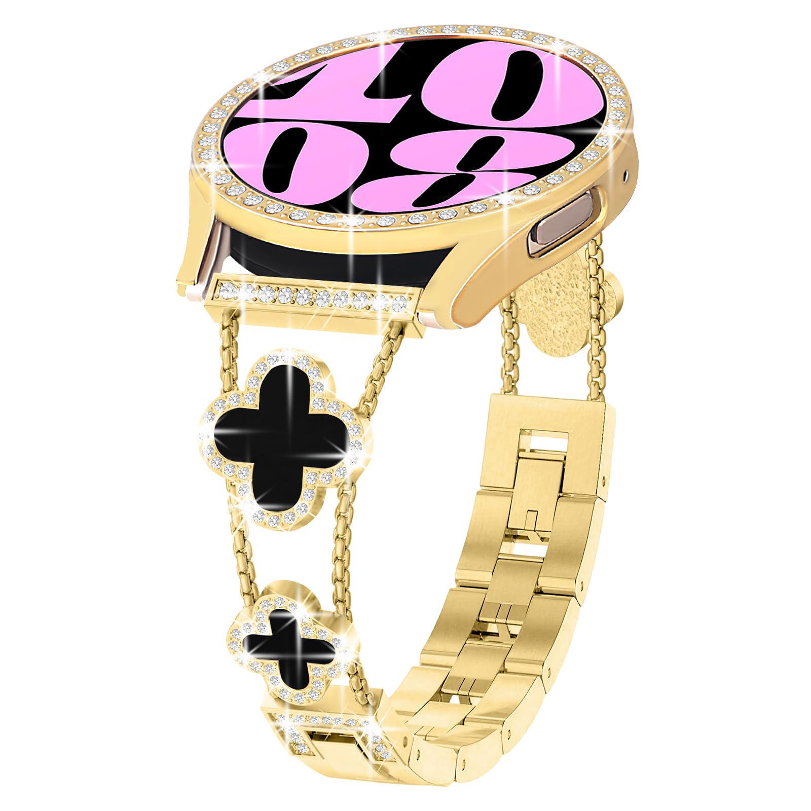 Błyszczący pasek z etui kompatybilny z Samsung Galaxy Watch 6 40 mm 44 mm, 20 mm, damski diamentowy motyl, metalowa bransoletka, pasek ze strasem, z etui ochronnym