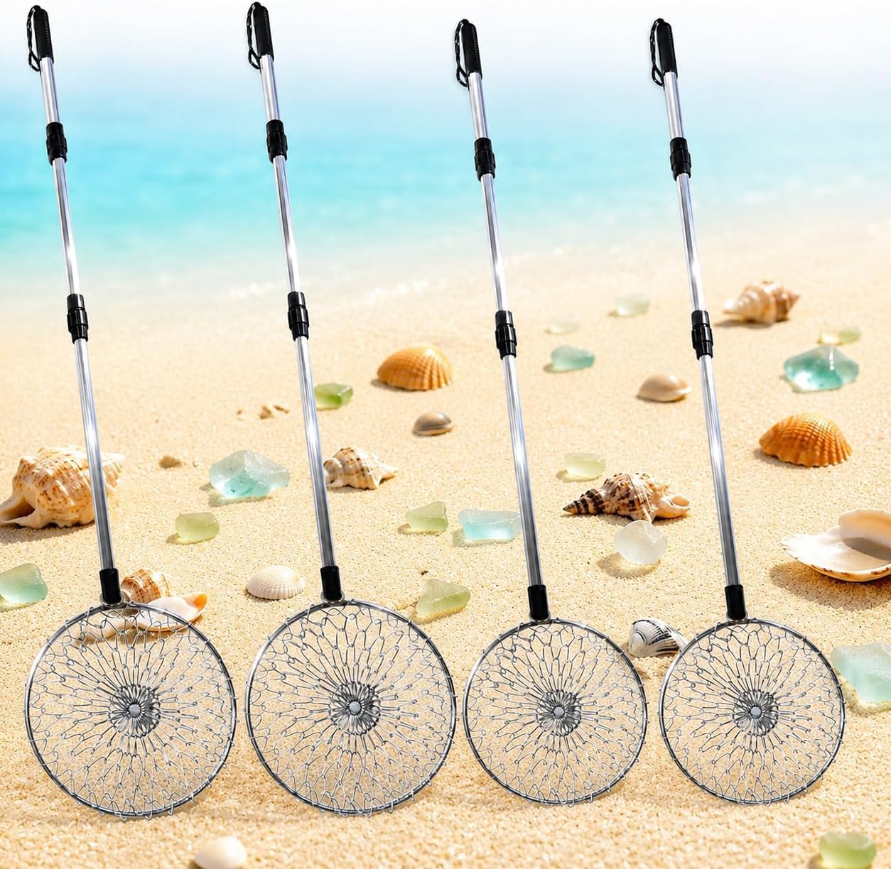 4 Pack Shark Tooth Sifter Set, Beach Sand Sifter Scoop Aluminum