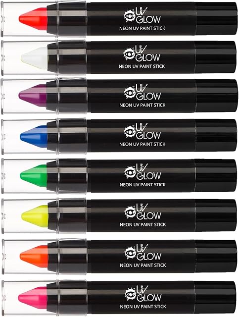 UV Glow - Neon UV Paint Stick/Face & Body Crayon - Set of 8 Colours. Genuine and original UV Glow product - glows brightly under UV Light!
