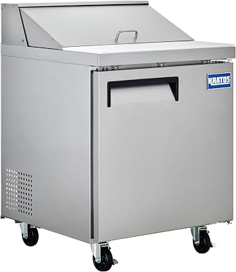 Kratos Commercial Sandwich & Salad Prep Table, 27" Wide Refrigerated One Door Stainless Steel Mobile Prep Table for Restaurants, 8 Pan Capacity, Cutting Board, ETL Certified