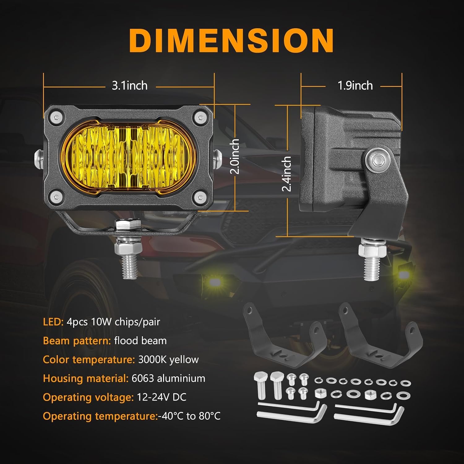LED Pods Yellow, Muto-Beam 2PCS 3Inch LED Driving Light 40W Flood Offroad Lighting Small Cubes Backup Pods Reverse Lighting Ditch Lights Fog Lights for Truck ATV UTV Motorcycle SUV Boat Tractor