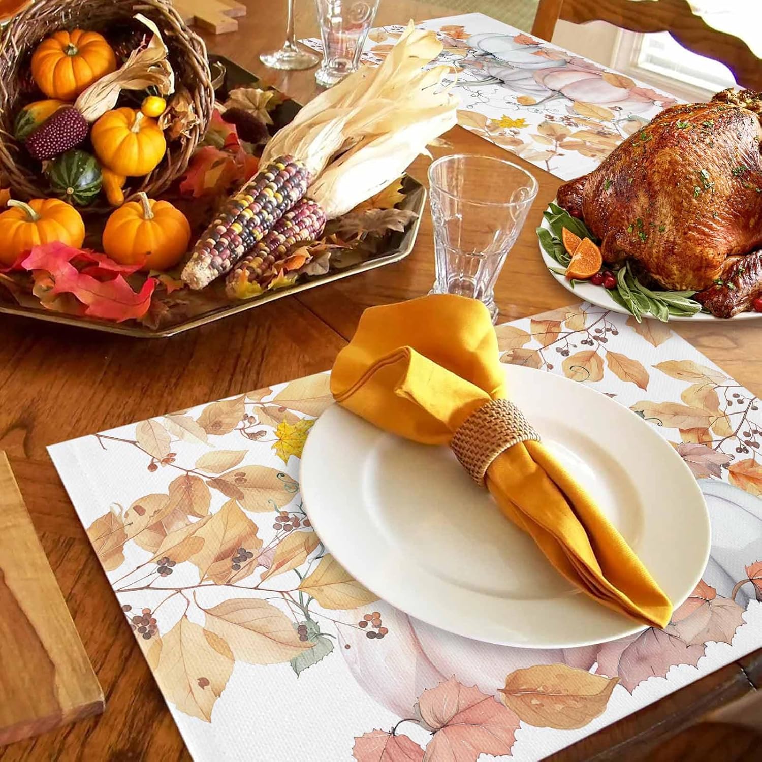 Fall Placemats Set of 6 Thanksgiving Table Mats, 13x19 Inch Pumpkin White Placemat Seansonal Washable Placemats Farmhouse Holiday Decoration for Kitchen Dining Table Decor - Autumn Maple Leaf