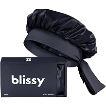 BLISSY 100% Mulberry Silk Bonnet for Sleeping Women, 22 Momme Adjustable Bow-Tie Hair Bonnet for Curly & Long Hair