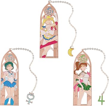 3Piece Anime Magical Girl HollowOut Metal Bookmark Set with Pendants
