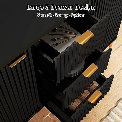 Vista 5 de Real Relax Aparador estriado con almacenamiento, moderna credenza con 3 cajones, estantes ajustables, mesa de café grande para comedor, cocina, sala