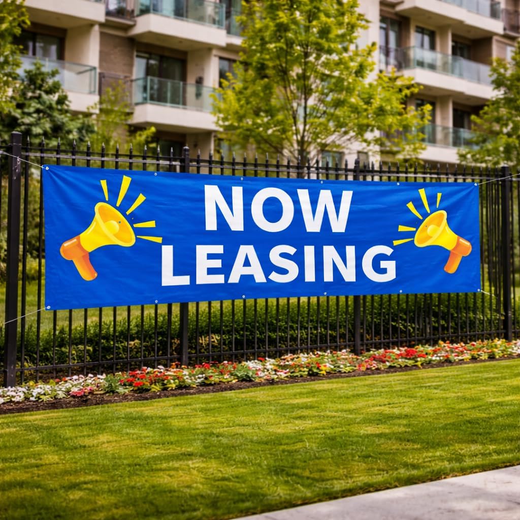 Now Leasing Vinyl Banner 3×10 FT – Waterproof Reusable Vinyl Sign with Metal Grommets & 10 Nylon Ties for Real Estate Advertising, Storefront, Yard, Fence & Outdoor Business Display (Blue)
