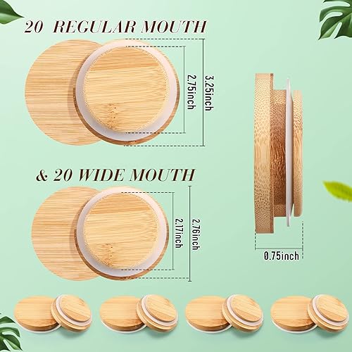 Miniatura 2 de 40 tapas de bambú para frascos de conservas, 20 tapas para tarros de conservas, boca regular, 20 piezas de boca ancha, reutilizables, de madera,