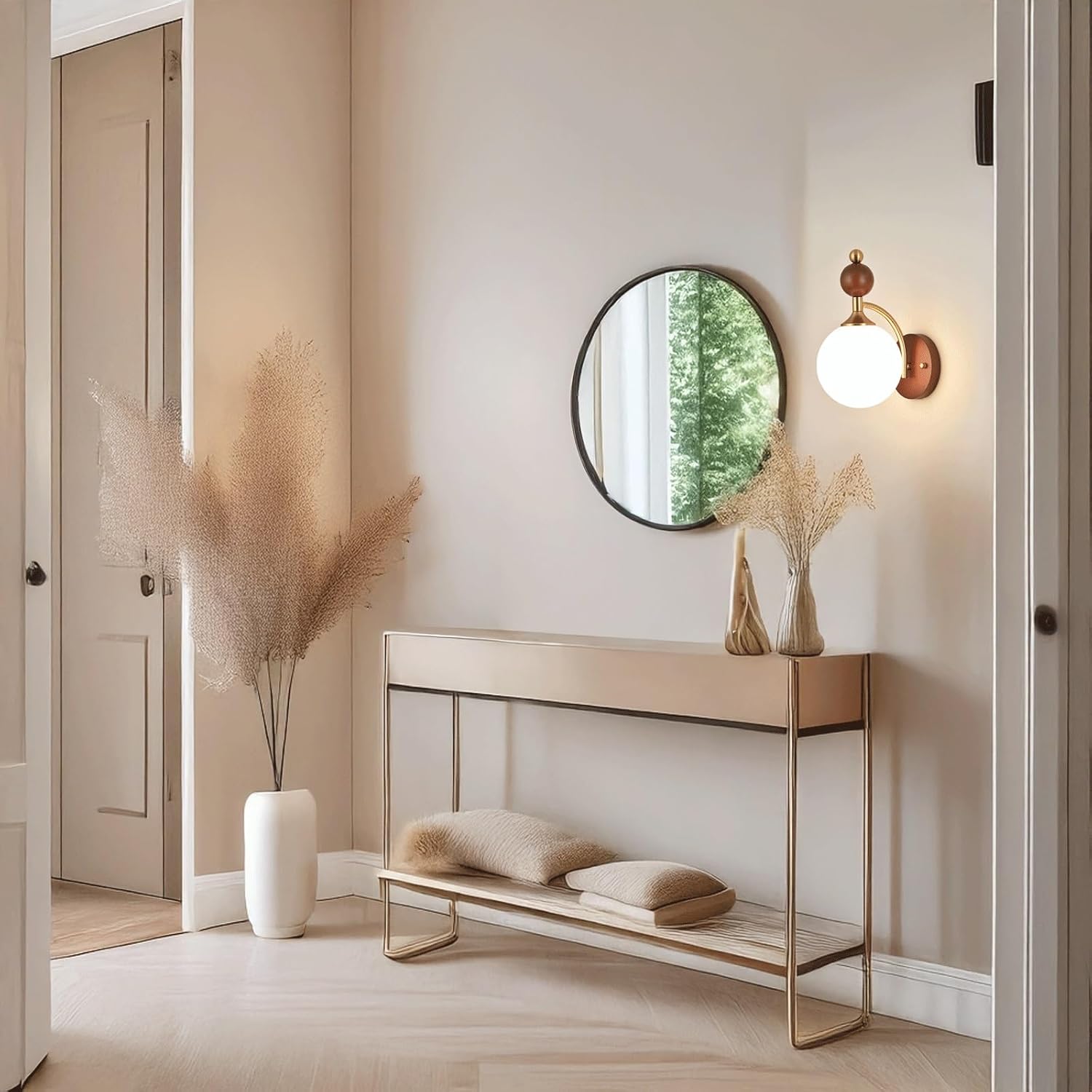 Wall Sconce Modern Minimalist Classic Iron Wood Glass Globe Wall Light Hardwired Indoor Ambient Decorative Light Wall Lamp for Bedroom Bedside Study Living Room Restaurant Wall Mounted Light