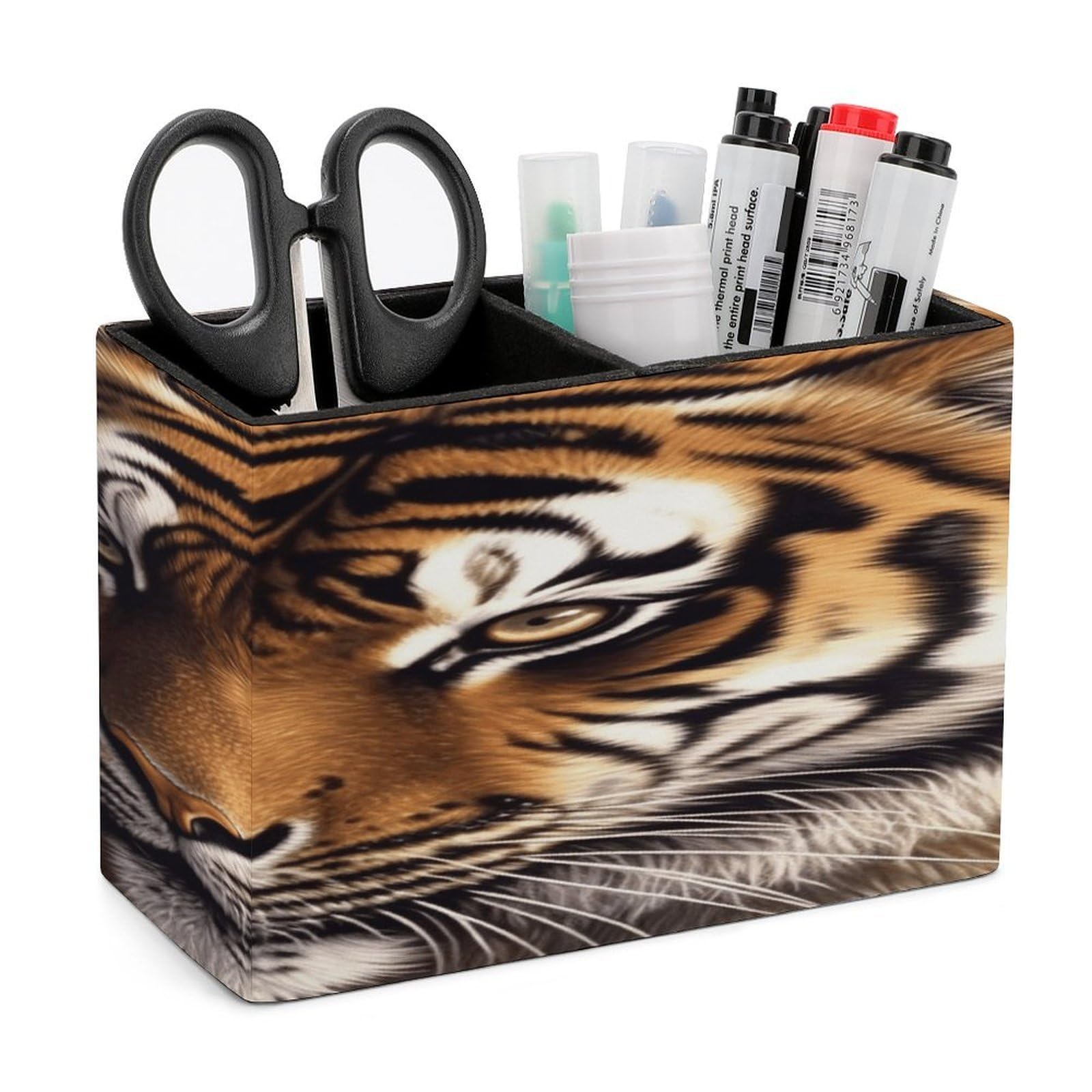 VstaDank Bengal Tiger Pen Holder Double Compartments Pen Cup Fashion Makeup Brush Holders Leather Pencil Holder for Work Locker Accessories Modern Pencil Cup for Desk Organizer