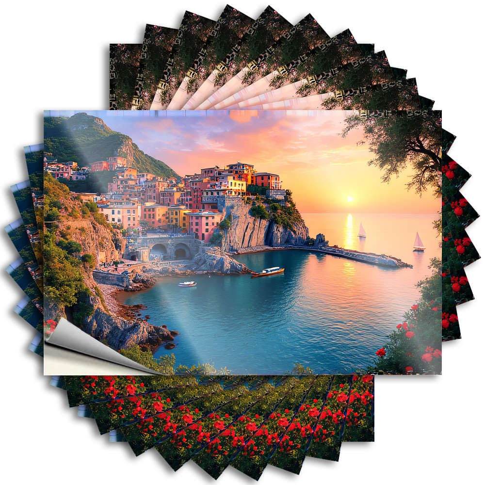 Sticker Accent Aesthetic Hat Sunset Over Coastal Town with Boats in The Harbor - No Residue Decals for Absorbing(8X12CM)