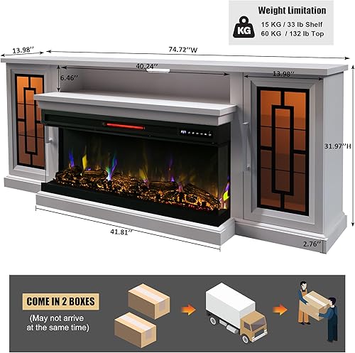 Miniatura 7 de Soporte de TV para chimenea eléctrica de 75 pulgadas, mesa central de entretenimiento multimedia LED de 3 lados con vidrio para televisores de hasta