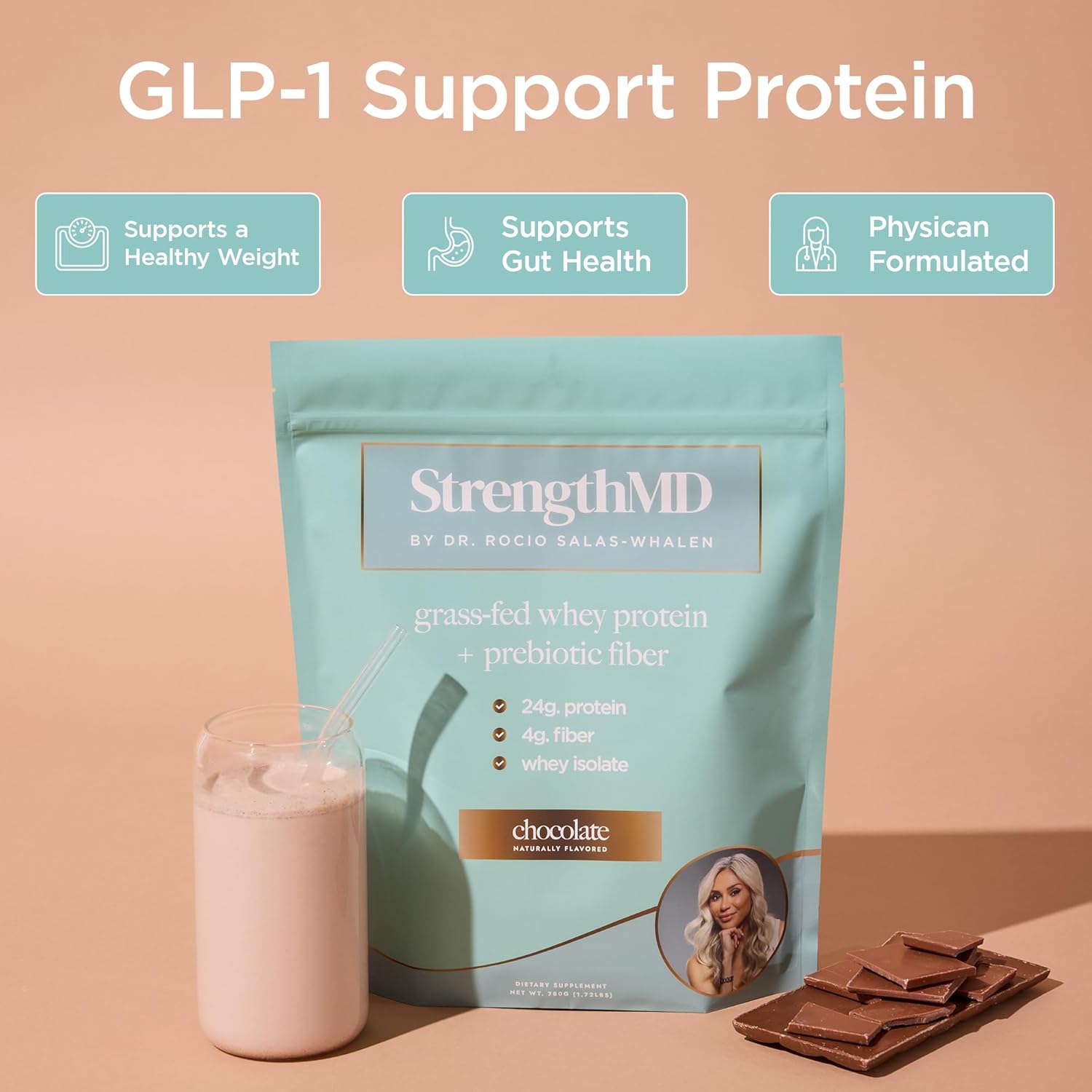 StrengthMD Physician Formulated Protein + Fiber Shake for GLP-1 Support | 24g Protein Grass-Fed Whey, 4g Fiber & Digestive Enzymes, Low Carb, No Added Sugar, Chocolate, 1.72 lb