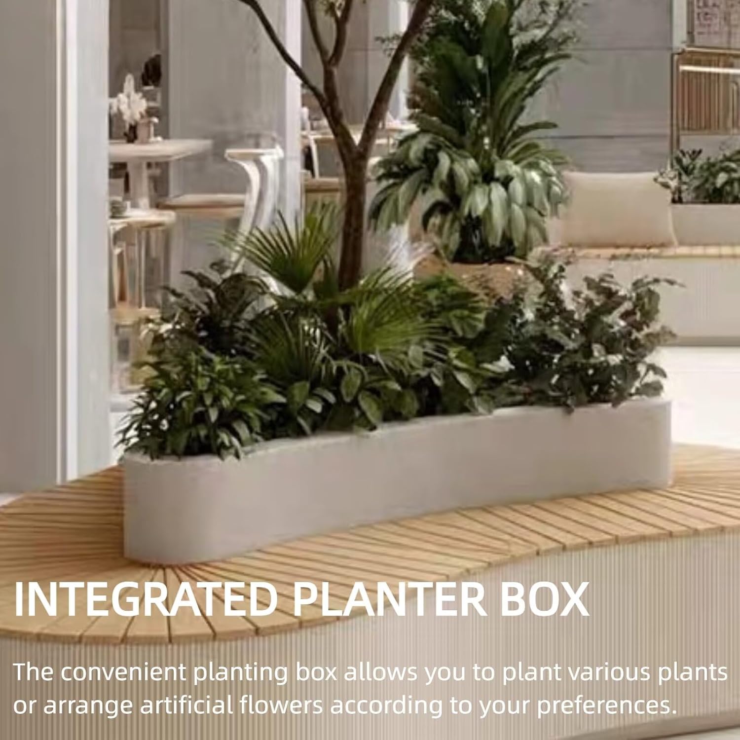 Outdoor Bench with Metal Planter 62.99IN (Convenient Planting)(Ample Resting Seat) Light Luxury Style, White for Cafe Milk Tea Shop