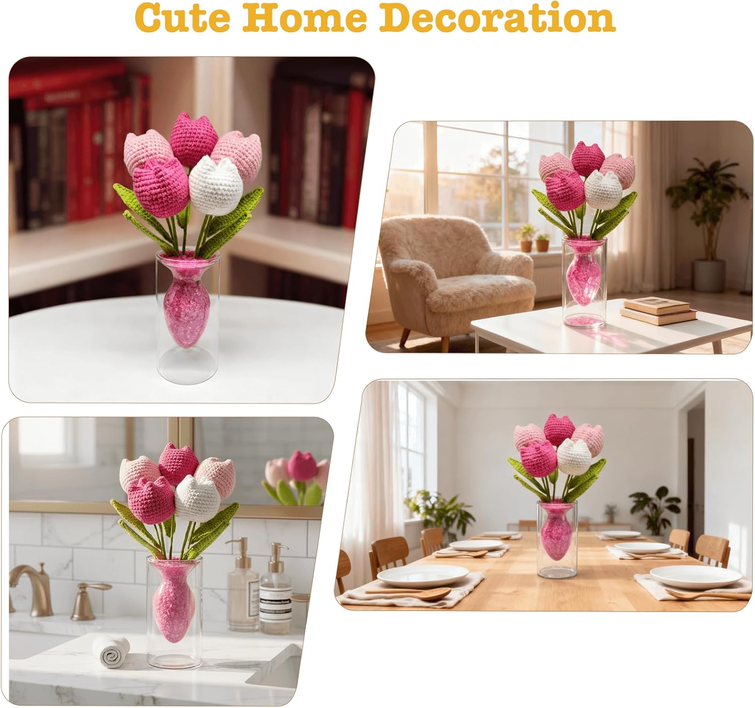 Handmade Crochet Flower Bouquet - Pink Knitted Tulips,Forever Flowers Gift for Mother's Day, Birthday, Anniversary,Graduation,Hypoallergenic Home & Desk Decor (Includes Glass Vase & Rocks)
