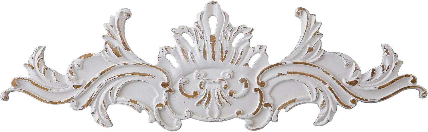 SOFE Vintage Wood Wall Sculpture, 32 Inches Long Horizontal Wall Art, Above Door Wall Decor, Decorative Floral Baroque Design, Hand-Carved Look with Accents