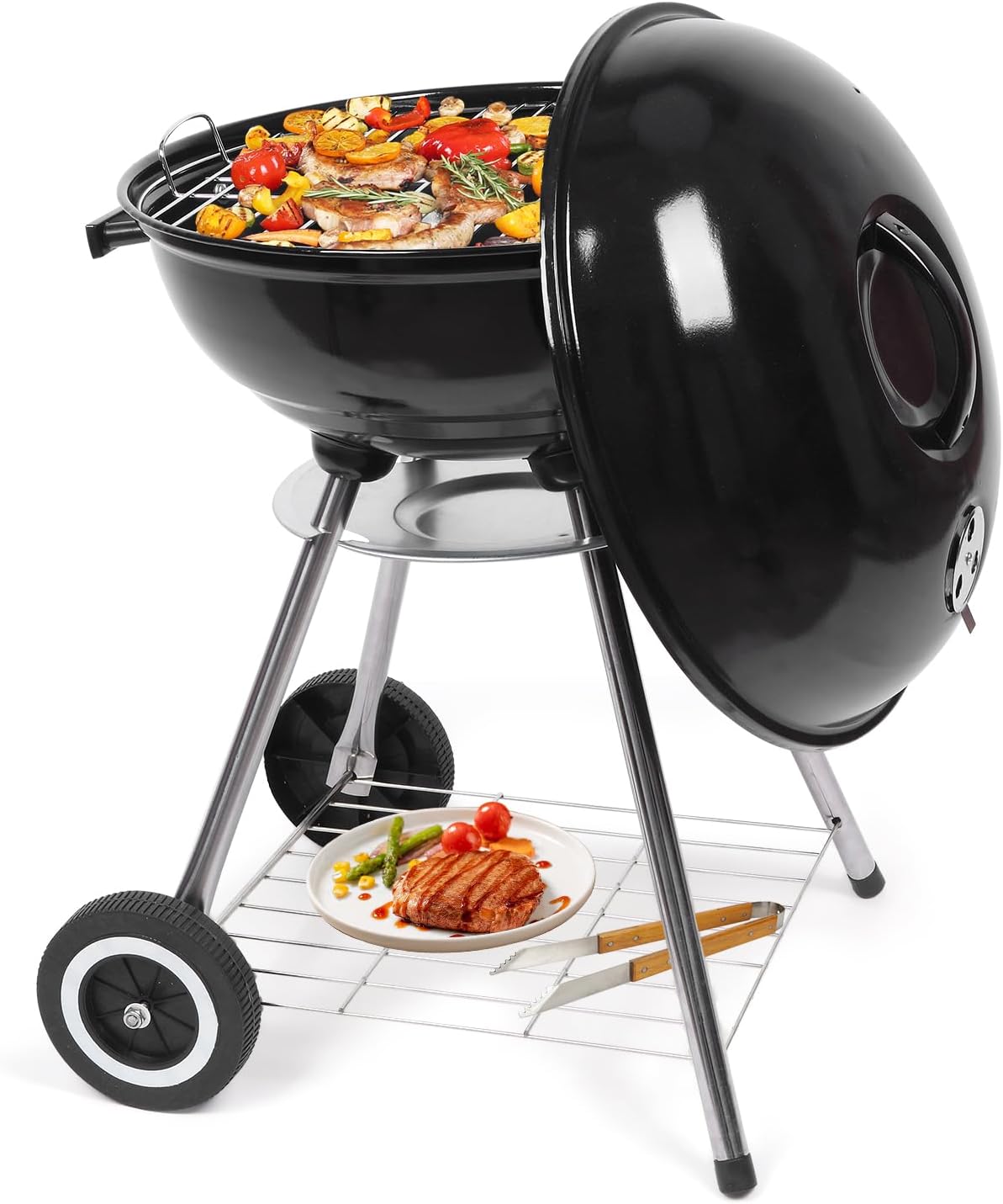 Outvita Charcoal Grill, 18 inch Stainless Steel BBQ with Wheels, Black | Storage Holder, For Camping, Picnic, Barbecue, Party, Outdoor Activities