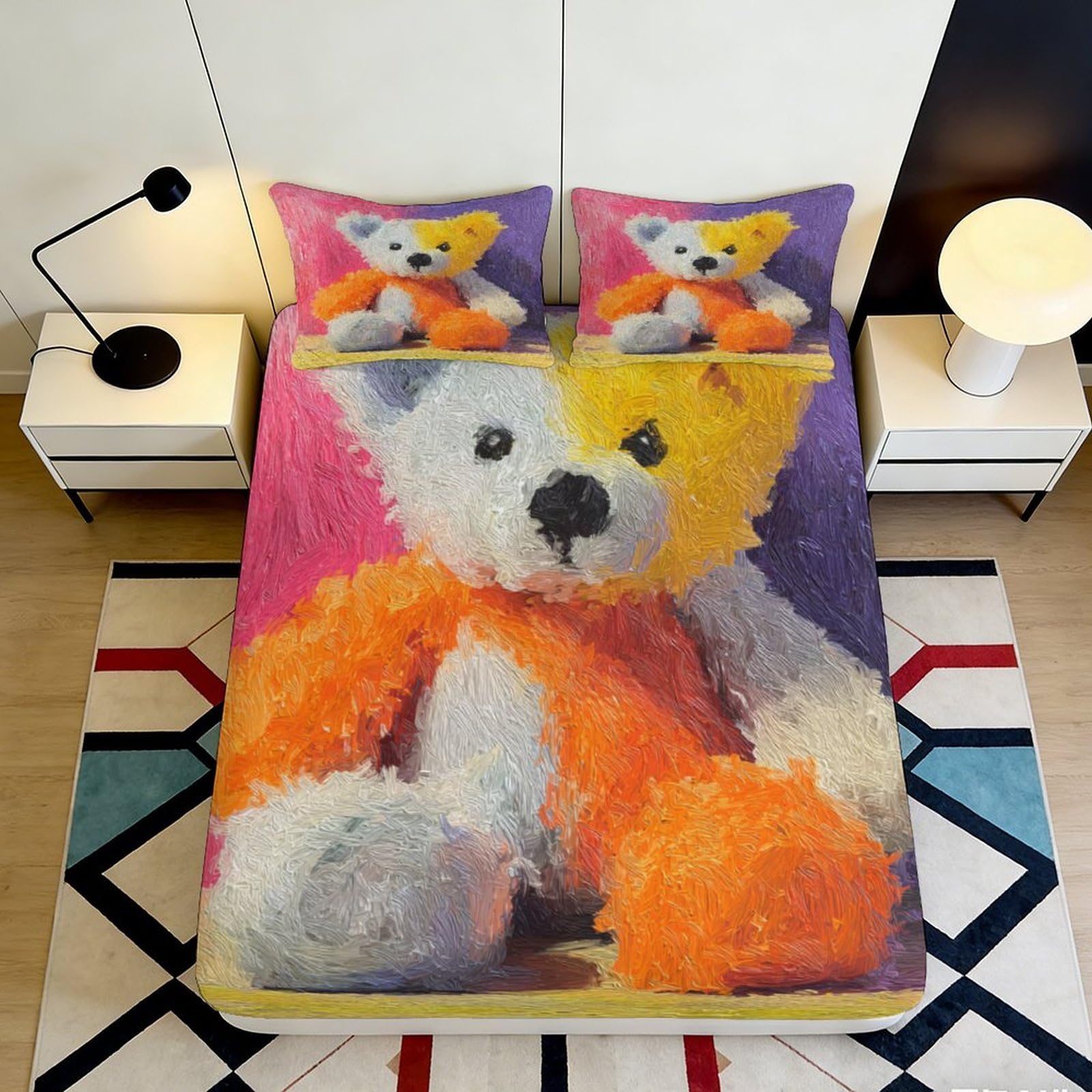 3D Printed Teddy Bear Fitted Sheet Microfiber Soft Orange Purple Cartoon Mattress Cover for Bedroom Dorm Decor 90x200x25cm