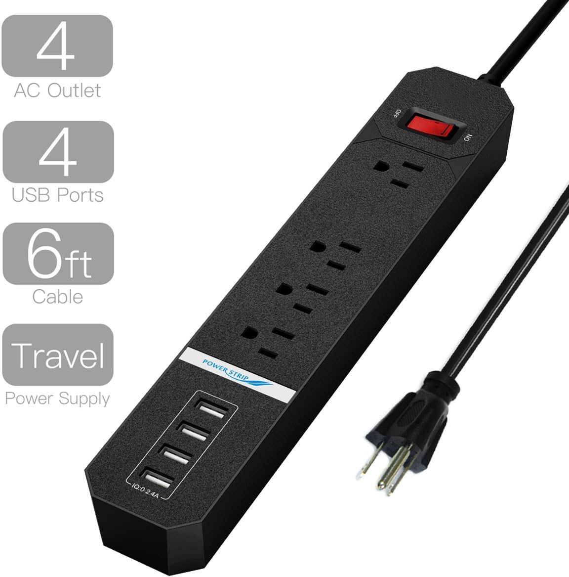 Power Strip with USB, BTGGG Surge Protector Power Strip 4 Outlets with 4 USB Ports, 6ft Power Cord, 600 Joules Overload Protection