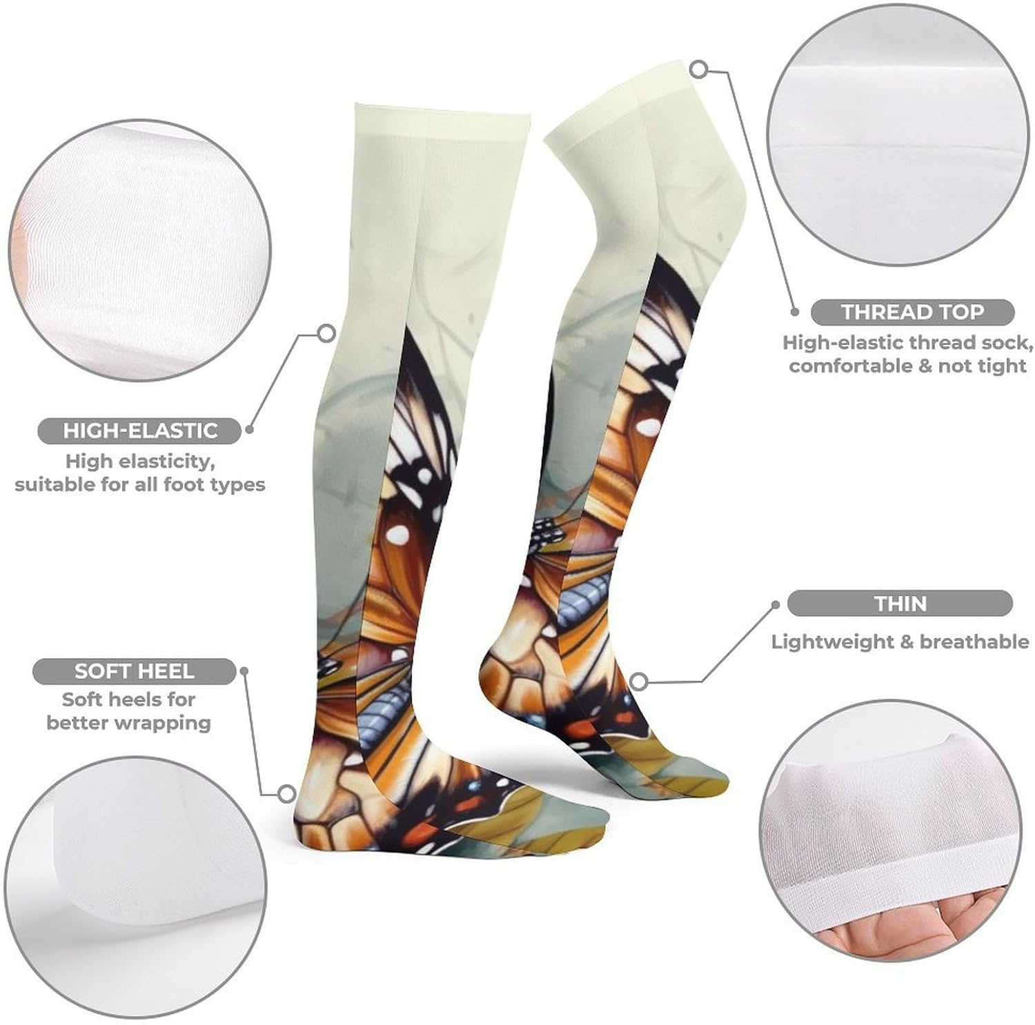 Beautiful Butterfly Knee High Stockings for Women 23.6" Breathable Thigh High Stockings Over The Knee Socks
