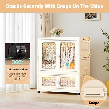Stackable Storage Bins, Plastic Collapsible Storage Containers with Doors, Wheels and Hanging Rods, 29.52 x 14.96 x 40.55 Large Lidded Closet Organizers Cabinet for Home Office,White