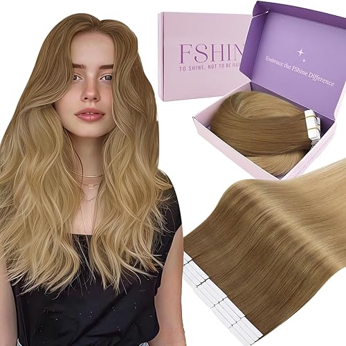 Miniatura 10 de Fshine Extensiones de cabello humano con cinta, 12 pulgadas, 1.06 oz, balayage, castaño a rubio platino, 20 unidades, cabello Remy lacio invisible