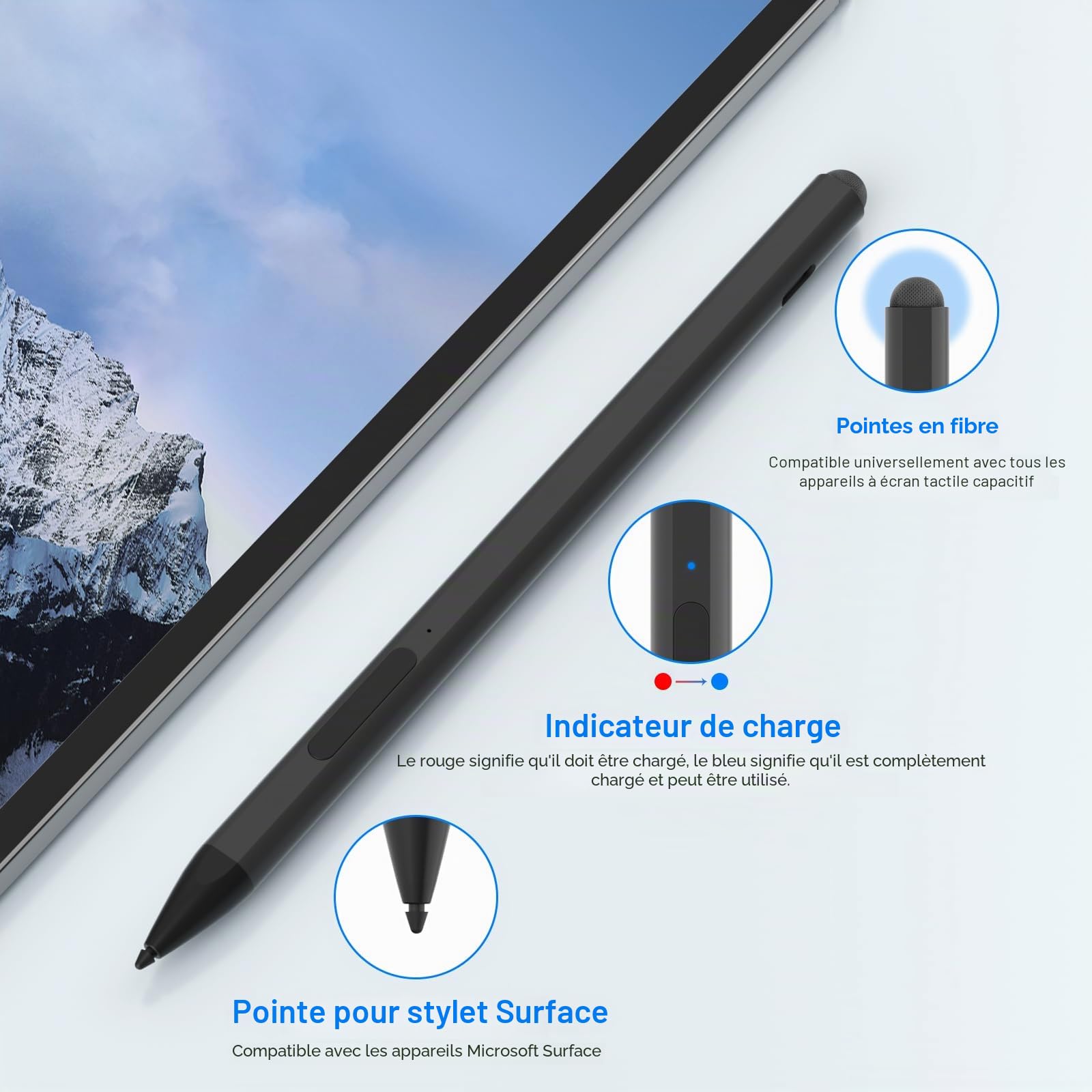 Stylet pour Surface Pro 12/11/10/9/8/7, Stylo Rechargeable avec Rejet de la Paume, 4096 Niveaux de Pression, Magnétique pour Surface Laptop 1-5, Surface Go 4/3/2, Book, Studio