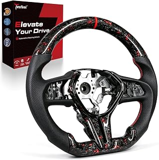 TESFEEL Red Foil Forged Carbon Fiber D-Shaped Steering Wheel for Infiniti Q50 2018-2024 & Q60 2017-2022, Black Perforated Leather, Red Stripe, Sport Sedan Coupe Interior Upgrade, Matching Trim
