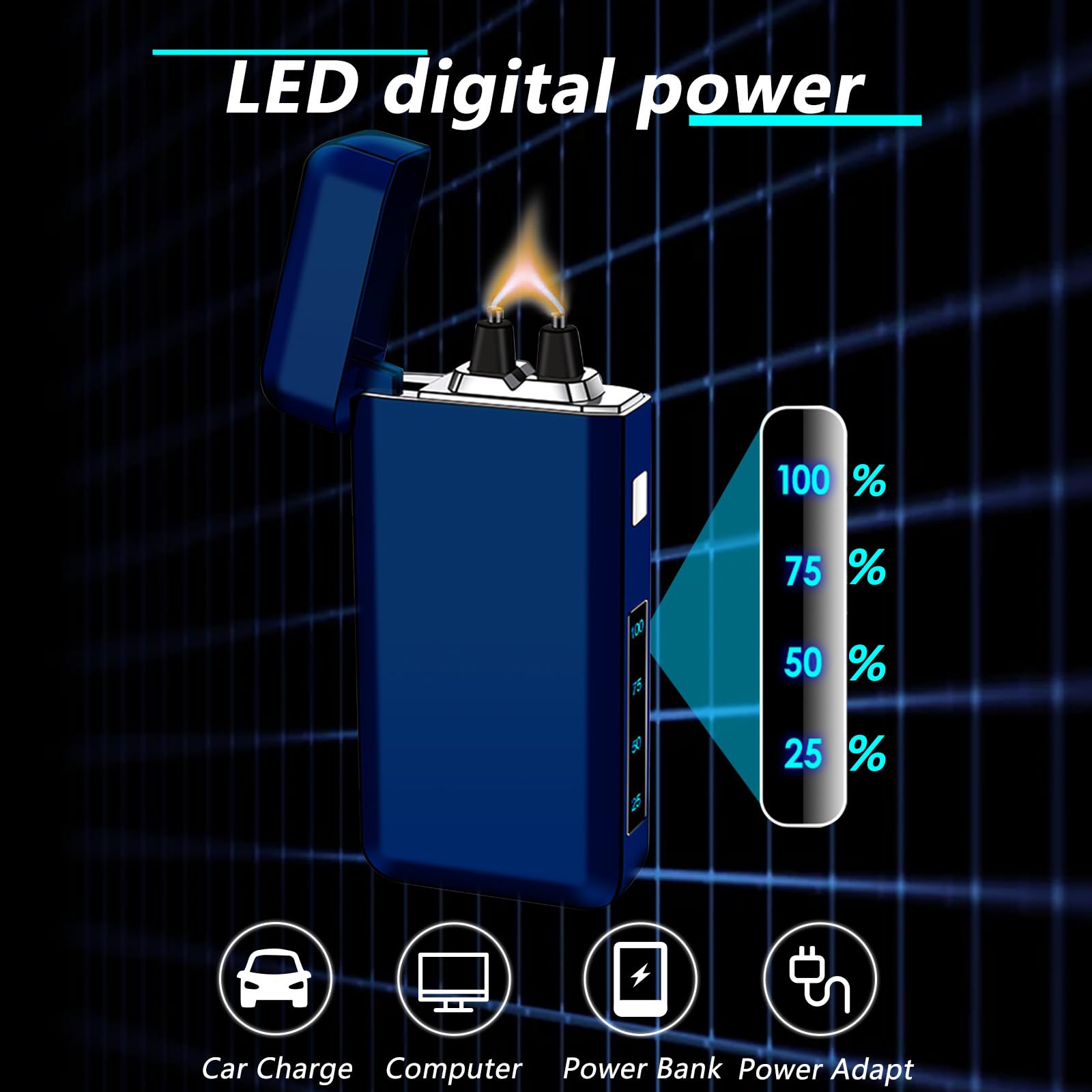 Briquet électrique rechargeable à grande flamme - Briquet plasma de type C - Briquet coupe-vent avec puce intelligente pour camping, aventure (bleu)