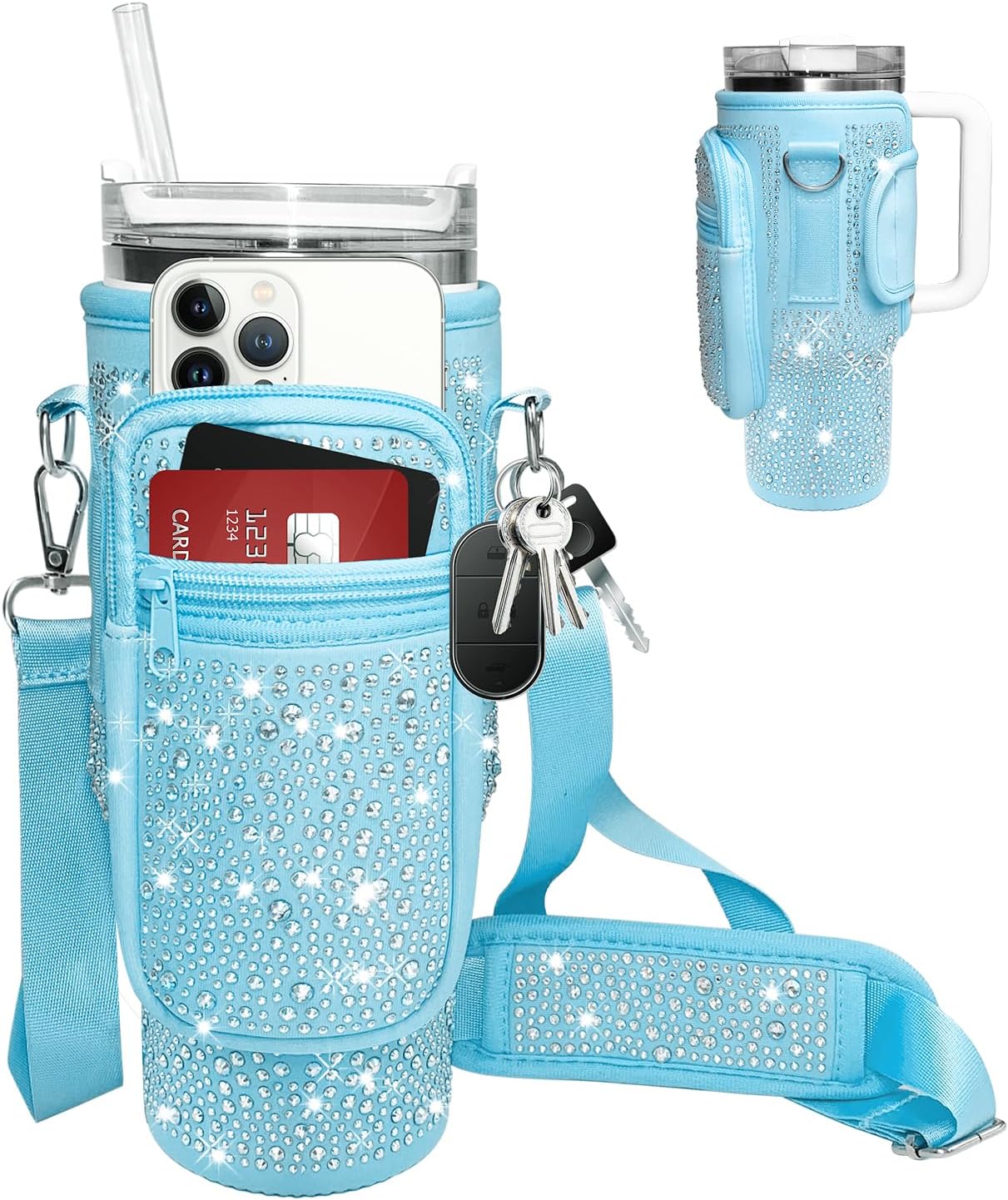 ALOOF Water Bottle Carrier Bag, Compatible with Stanley 40oz, Neoprene Water Bottle Holder Pouch with Adjustable Shoulder Strap, for Stanley Cup Accessories (Blue)