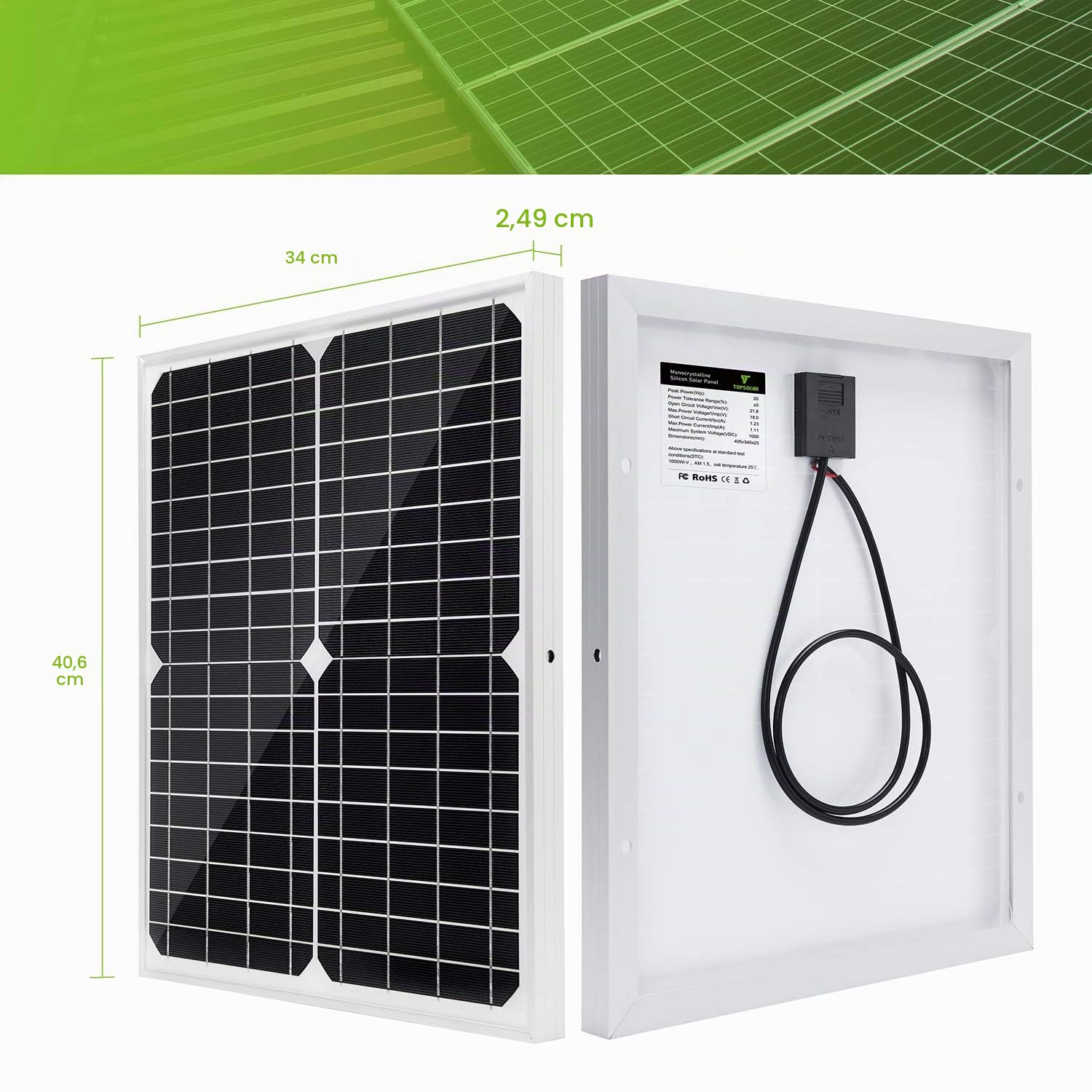 Panneau solaire monocristallin 20 W 12 V avec chargeur solaire 10 A Système photovoltaïque alimenté par énergie solaire pour caravane, camping-car, bateau