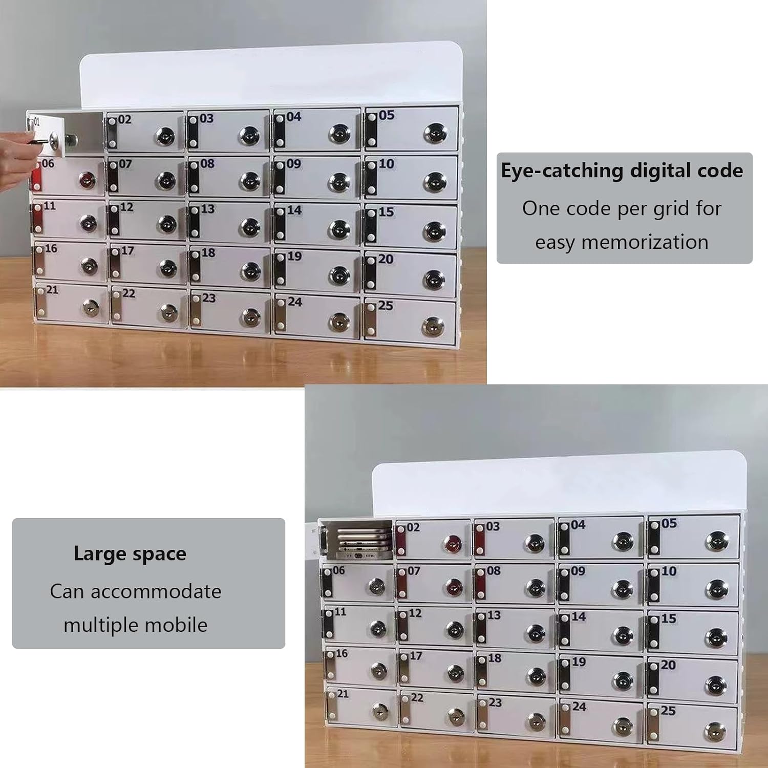 Cell Phone Locker Box - Wall-Mounted Acrylic Storage Cabinet with Door Locks, Keys & 25 Grids - Organize Phones in Office, School, or Classroom