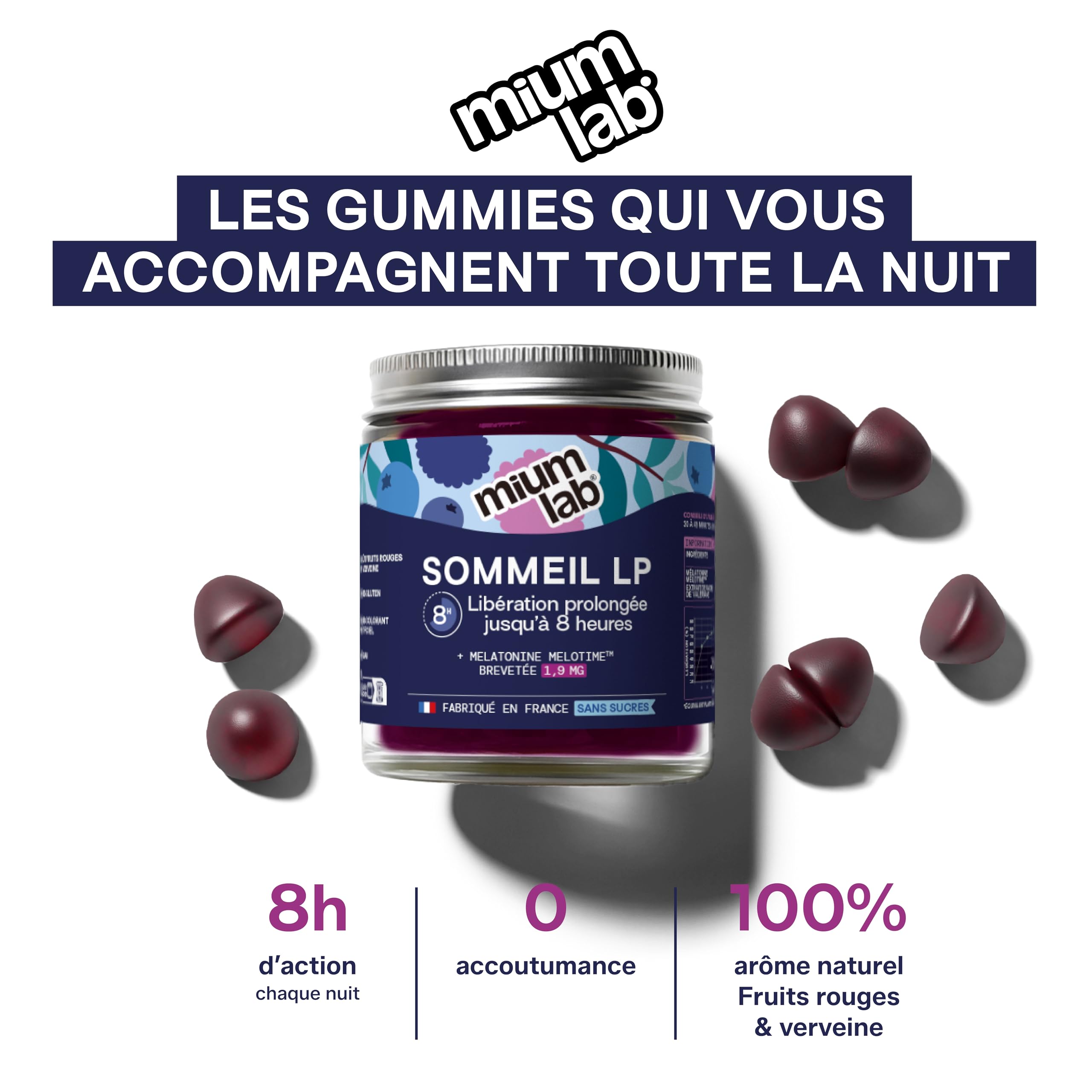 Mium Lab - Sommeil breveté 8h à libération prolongée - Anti-réveils nocturnes & Endormissement - Mélatonine brevetée - Éco-recharge 42 gummies - Gummies Sans Sucres - Fabriqué en France
