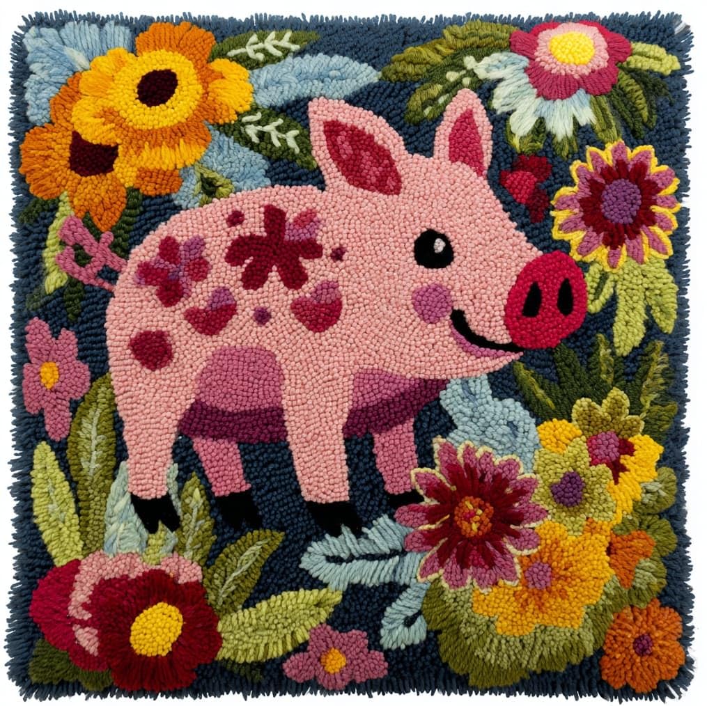 AxiangziK 43x43cm DIY Latch Hook Cushion Kit,Wild Boar and Flowers