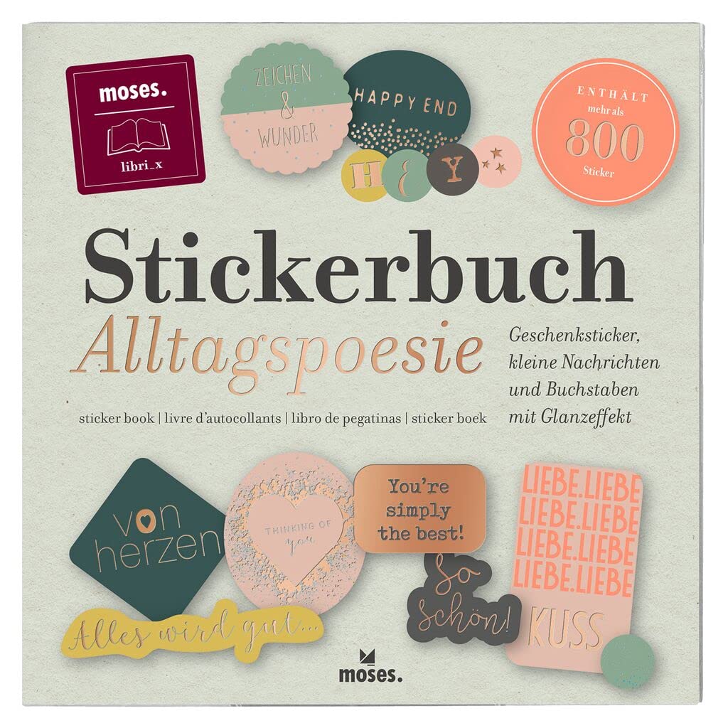 moses. libri_x Everyday Poetry Sticker Book - Numerous Stickers on 30 Pages in Practical Booklet, Jewellery Stickers, Gift Stickers, Small Messages, Letters - with Gold Foil Finish