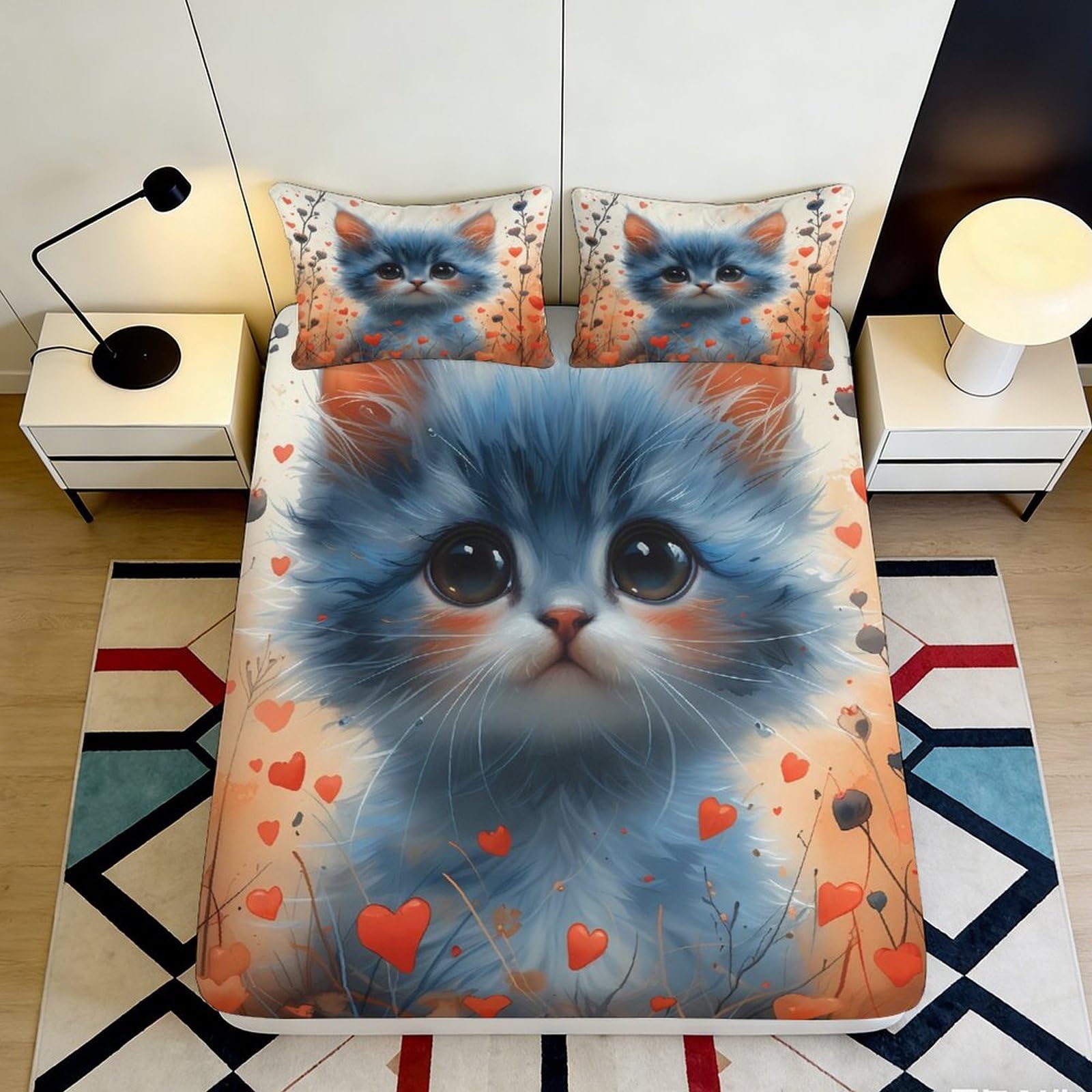 3D Printed Blue Fluffy Cat Fitted Sheet Microfiber Bedroom Decor Cute Kitten Hearts Mattress Cover Washable 90x200x25cm