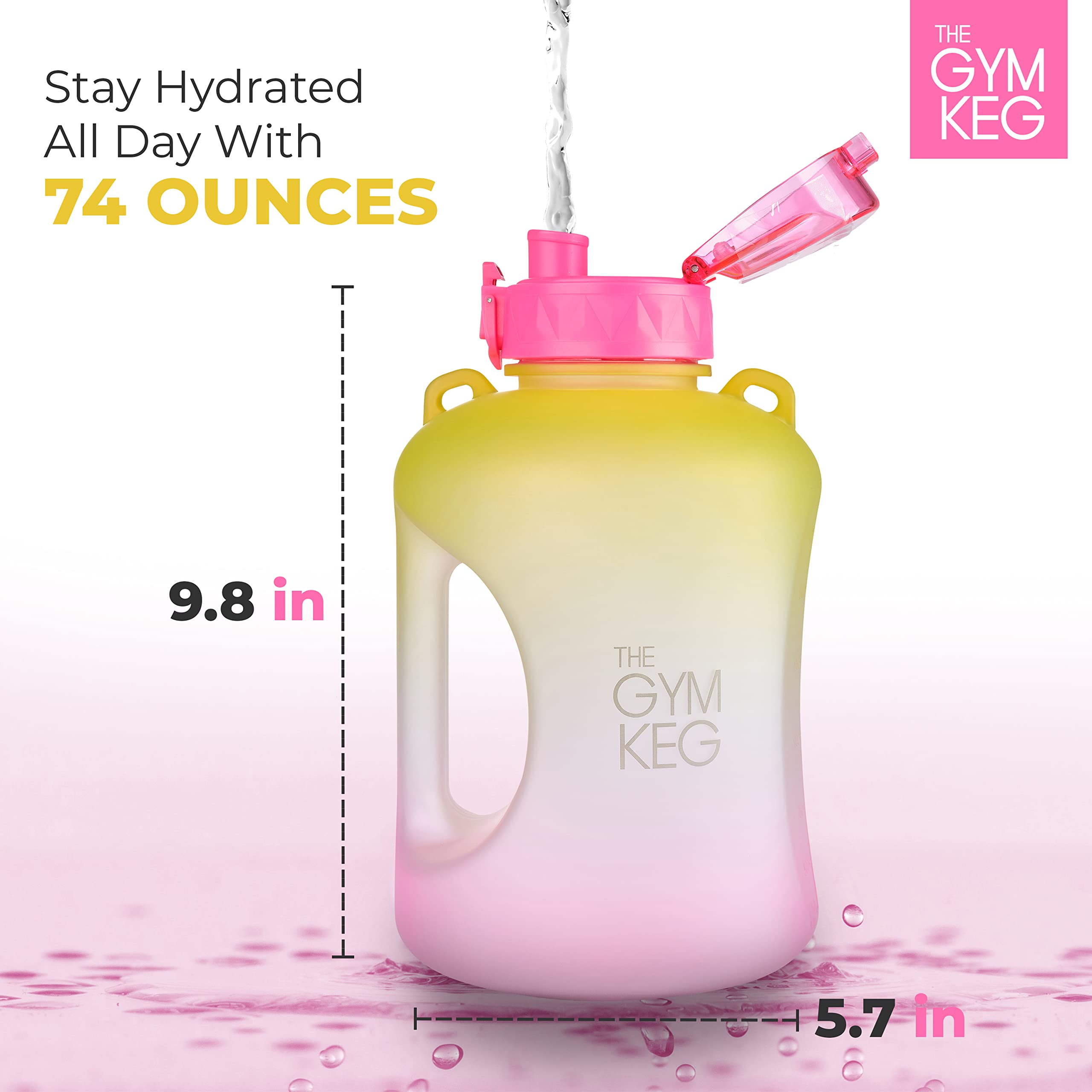 THE GYM KEG Half Gallon Water Bottle (74oz) | Gym Bottle with Straw Lid, Carry Strap Motivational Time Markings | Sport Water Bottles with Times to Drink, Large Reusable Bottle, Leakproof & BPA-free