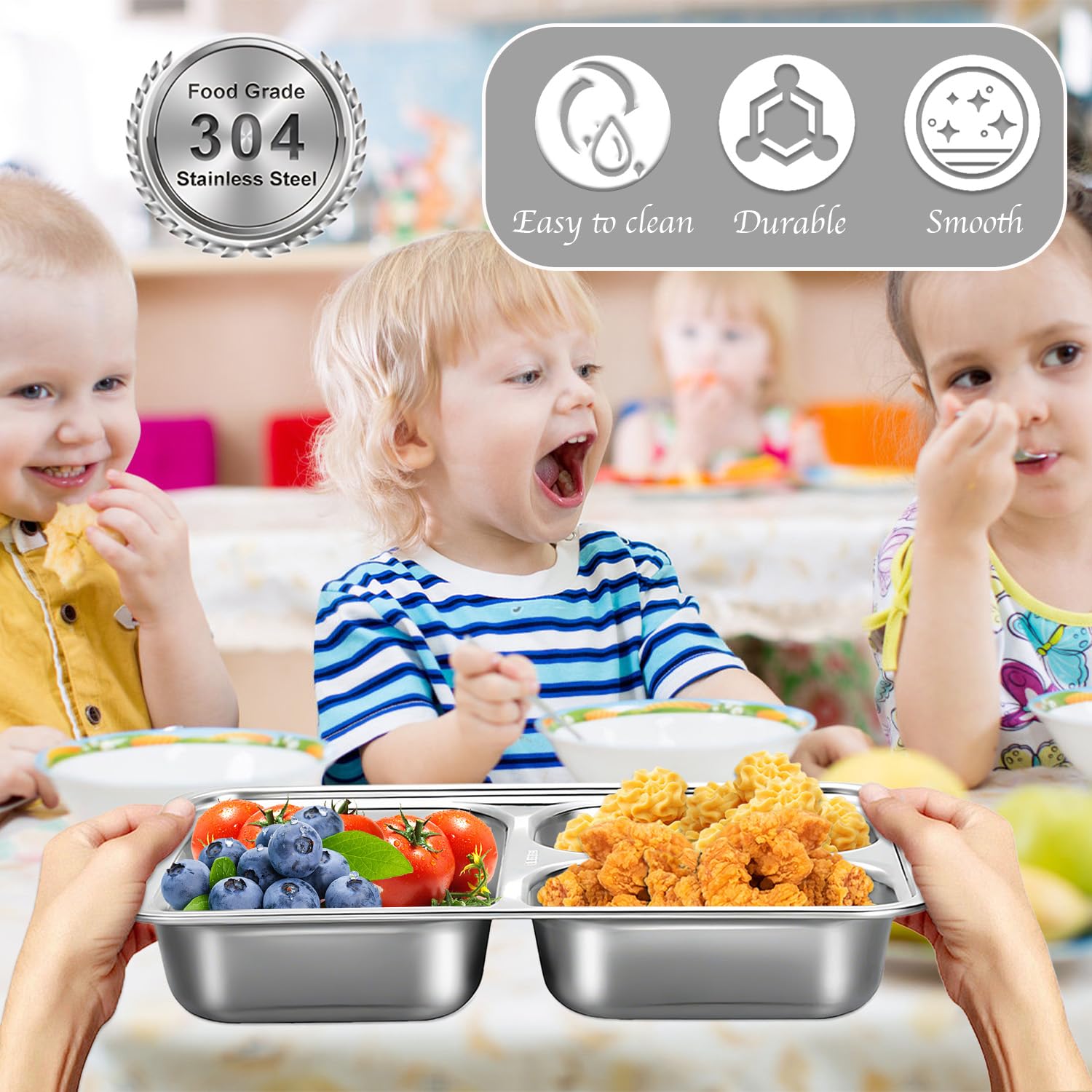 Lot de 8 assiettes divisées en acier inoxydable - Plaques rectangulaires de contrôle des portions - Plateau alimentaire en métal pour dîner, camping, contrôle des portions alimentaires