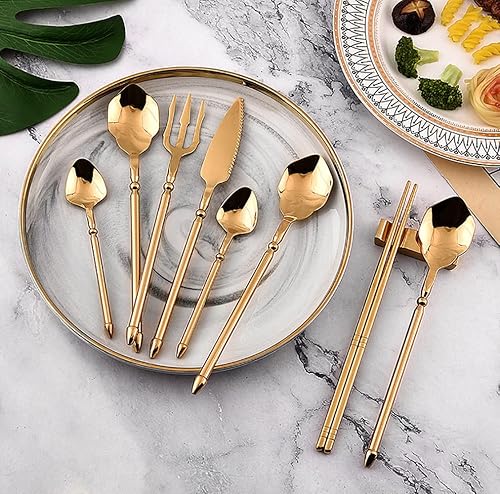 Miniatura 3 de Juego de cubiertos dorados para 6 cubiertos modernos juego de cubiertos de acero inoxidable 1810 24 piezas incluye cuchillos tenedores y cucharas