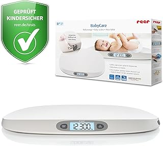 reer BabyCare Babywaage | Ergonomische Wiegeschale für Neugeborene/Babys | 25kg Maximalgewicht | Integriertes Maßband, HOLD- und Tarierfunktion | Beleuchtetes LCD-Display | Präzision von 5g