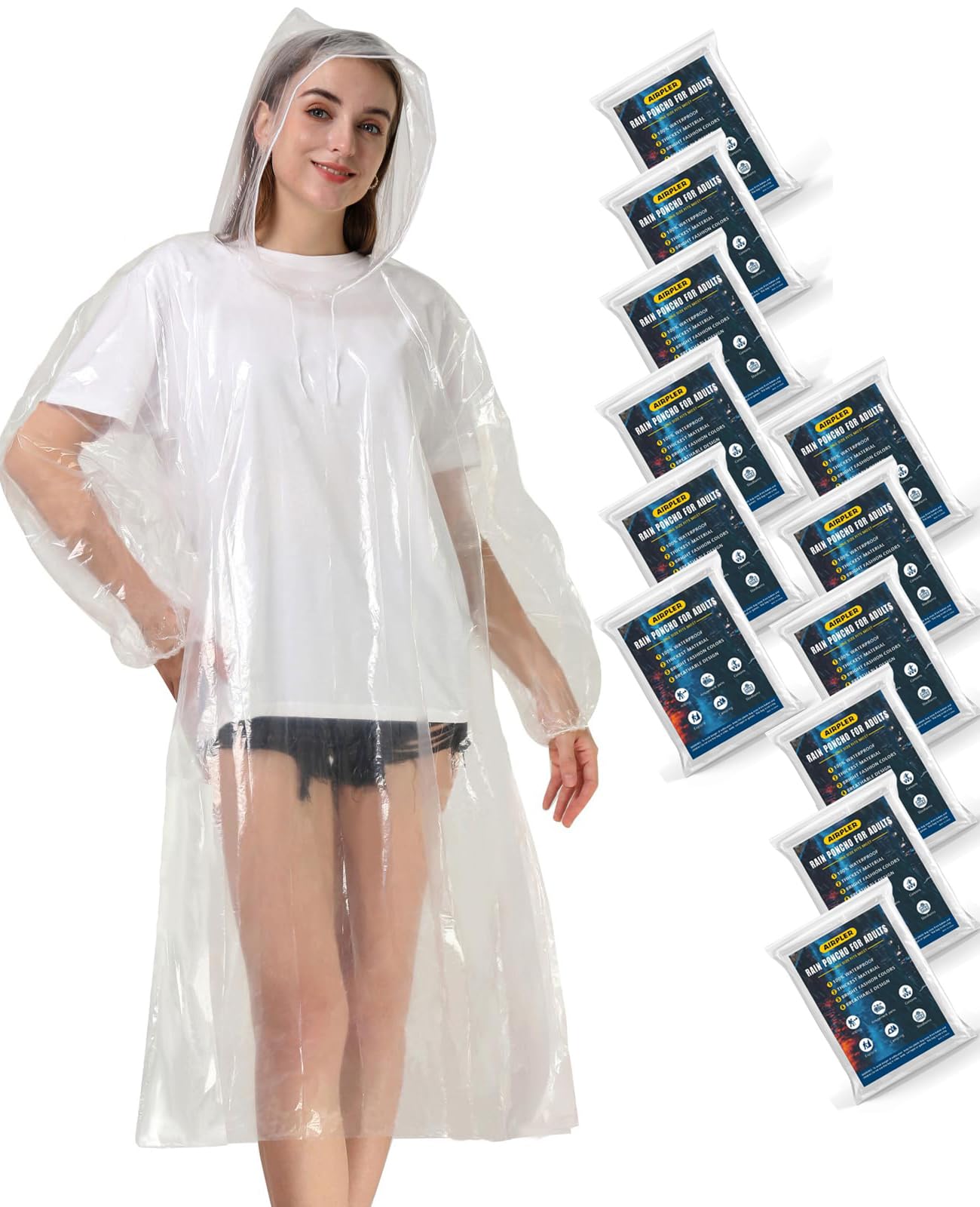 Disposable Rain Ponchos for Adults, Clear Poncho with Hood, Emergency raincoats for Hiking, Camping, Travel