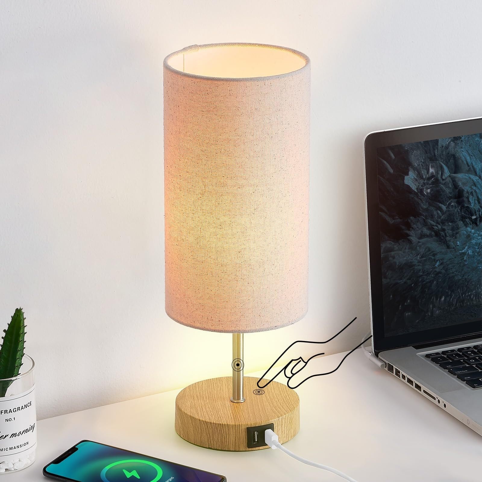 Lampka nocna Lampka nocna dotykowa, mała drewniana lampa stołowa do sypialni z 2 portami ładowania USB i białym kloszem z tkaniny Lampki nocne(A)
