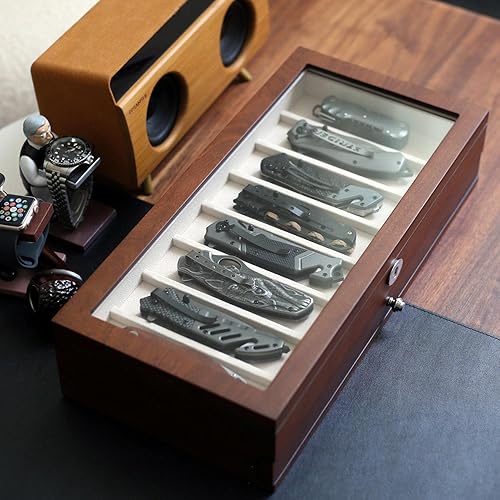 Miniatura 3 de Besforu Pocket Knife Display Case for men collection holder 15-17 folding knife with Walnut Finish Two-Tier Knife organizer storage box with Real