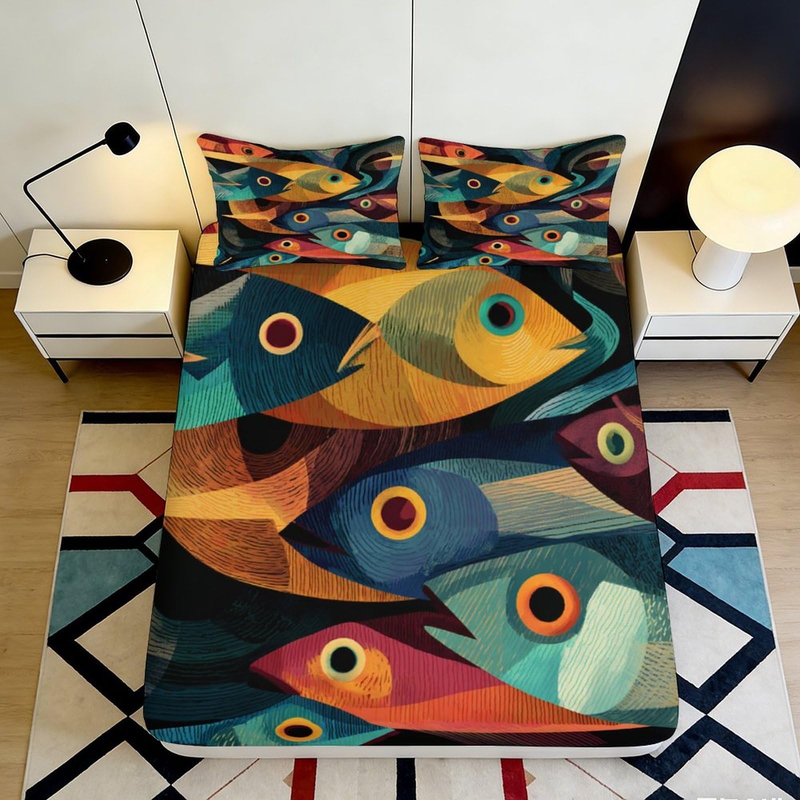 3D Printed Abstract Fish Pattern Fitted Sheet Microfiber Soft Vibrant Ocean Art Bed Cover for Bedroom Guest Room 90x200x25cm