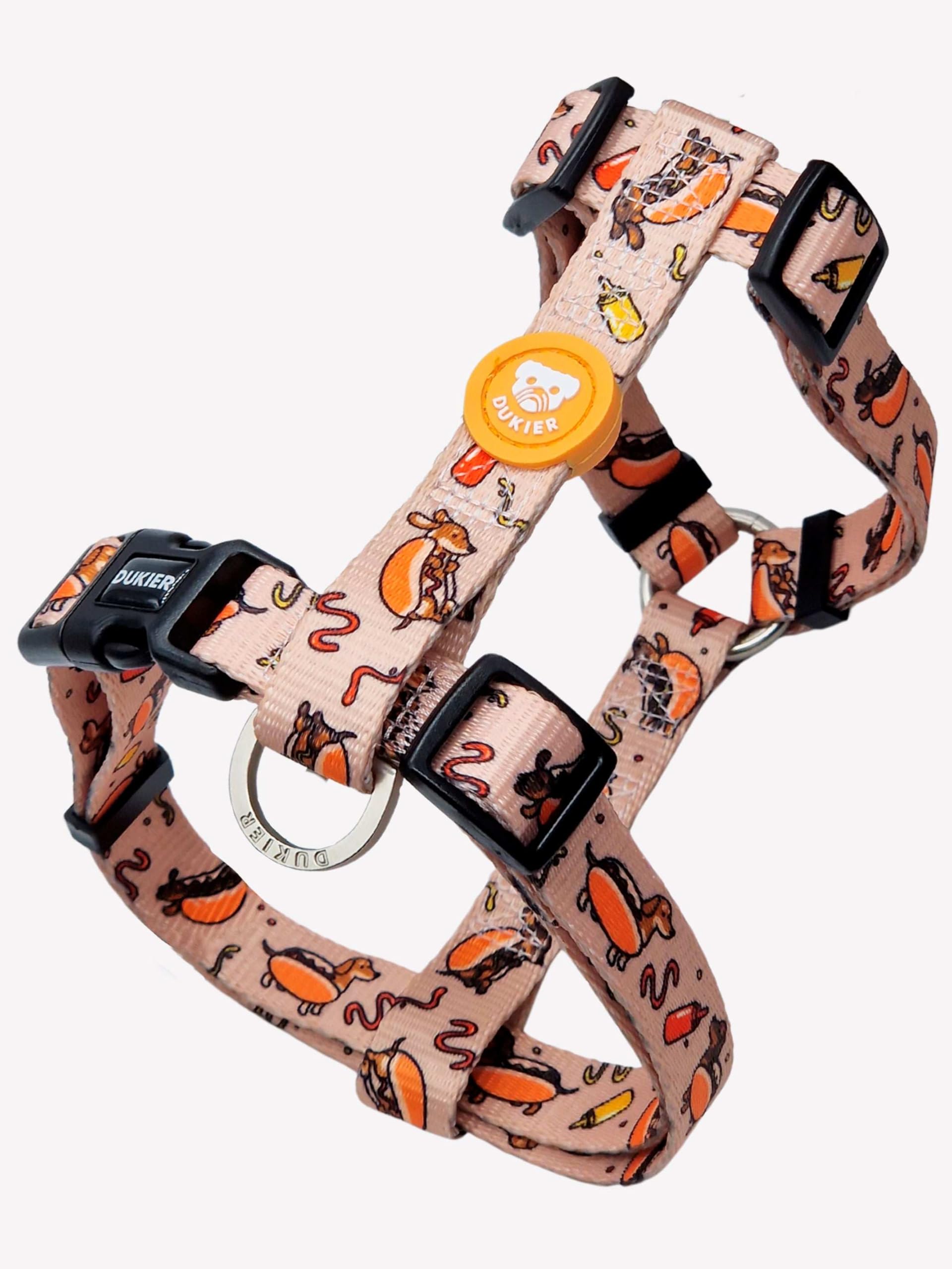 DUKIER - Classic Dog Harness, Adjustable H-Shaped Anti-Pull Vest for Pets, Approved, with 4 Point Safety Lock, Hot Dogs, Teckels Dog, Size M