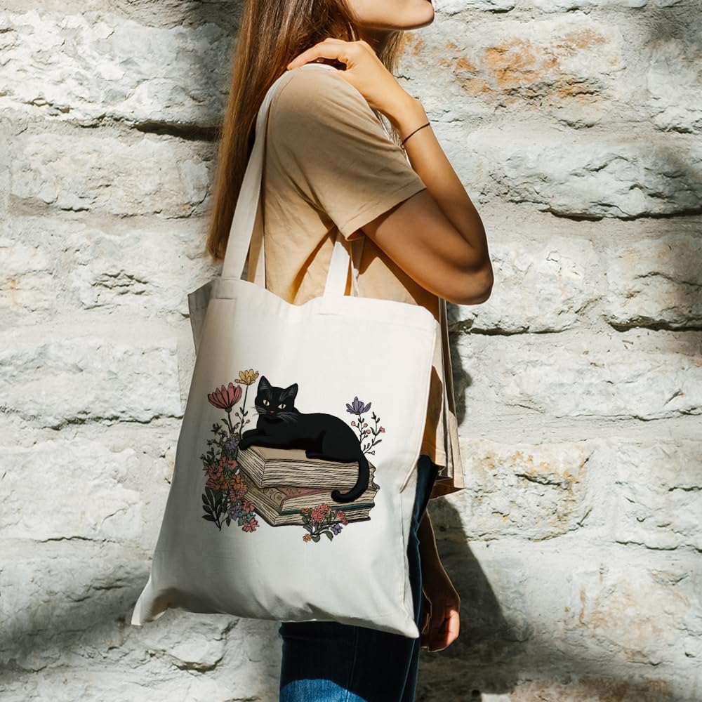 Black Cat Themed Canvas Tote Bag for Cat Lover,Cute Flower Book Totebag Gifts for Women Book Lover Reader,Library Book Bag for Librarian,Ideal Cats Gifts for Birthday Morther's Day Book Club-15 - Image 5