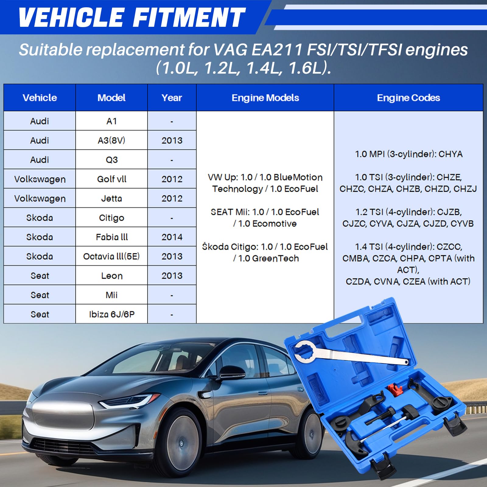 DASBET Set di attrezzi per albero a camme del motore, kit di 6 attrezzi per cinghia dentata, albero a camme e albero motore, set di strumenti di ricambio per VAG EA211 1.0L 1.2L 1.4L 1.6L FSI TSI TFSI