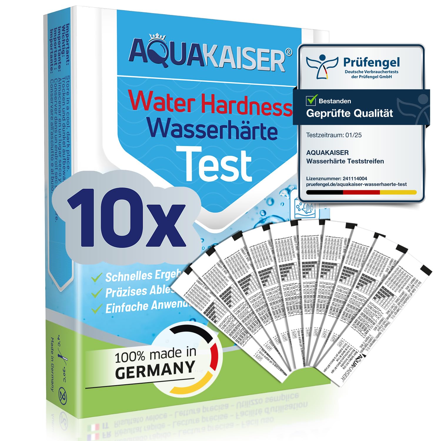 Wasserhärte Teststreifen in °dH – 10 Stück – einzeln versiegelt – Made in Germany – Wasserhärte messen für Trinkwasser, Kaffeemaschine, Pool, Aquarium