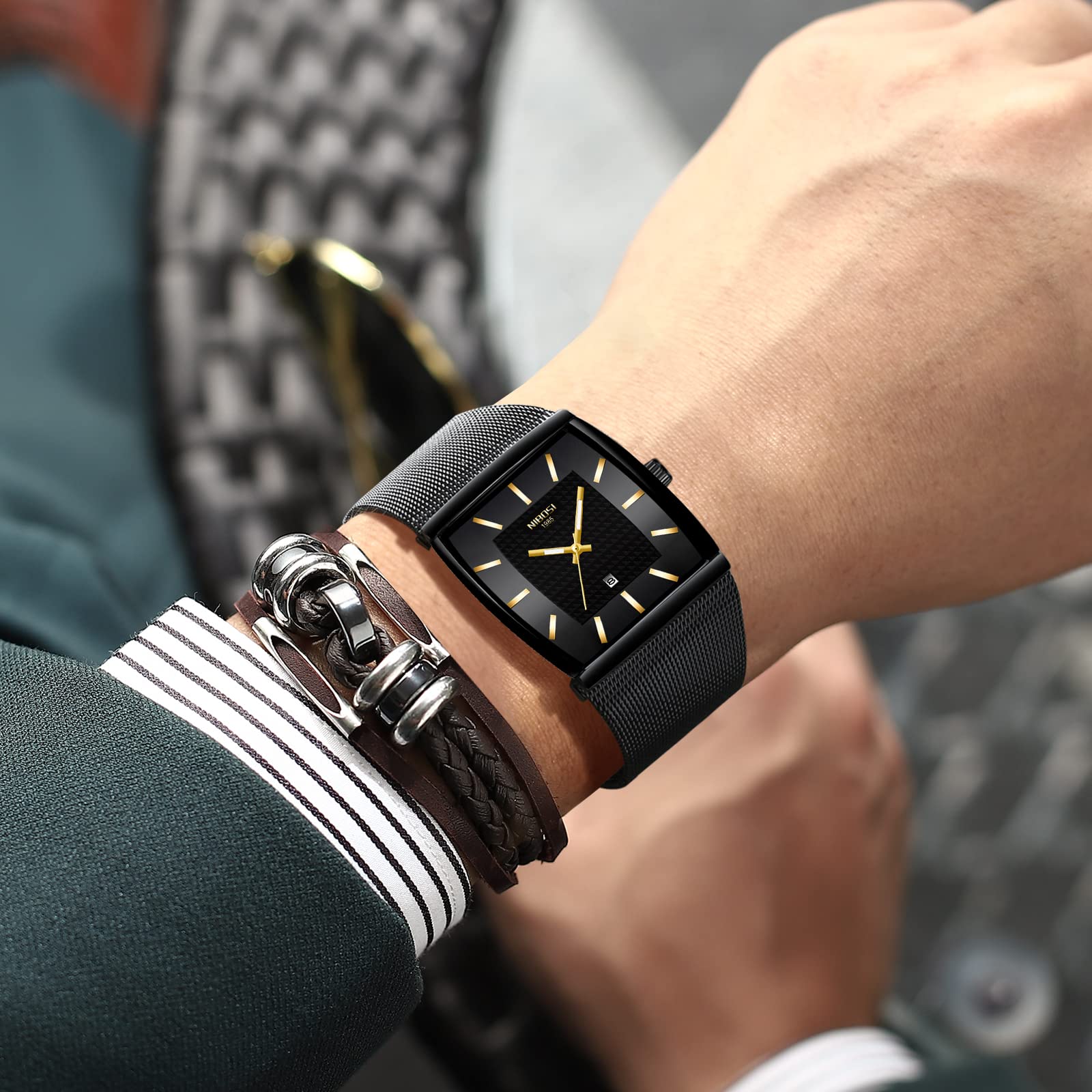 NIBOSI Herren Armbanduhr quadratisch Mesh Armband mit Datumskalender | 30M Wasserdicht luxuriös militärisch Klassische Business Quarz Uhren Herren